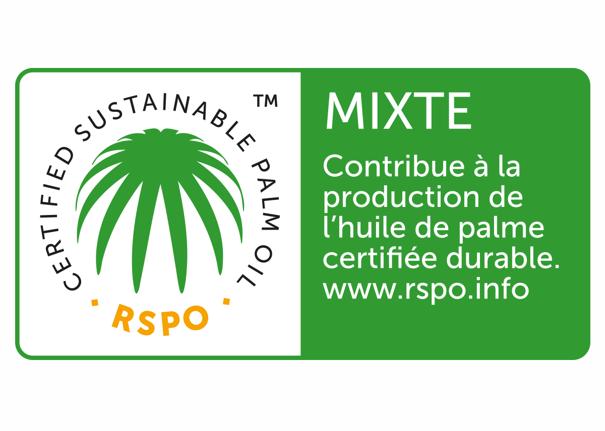 Logo RSPO certified garantissant l’approvisionnement durable de l’huile de palme utilisée dans la fabrication de nos produits. Notre huile de palme est certifiée ségréguée ou bilan de masse / mass balance.