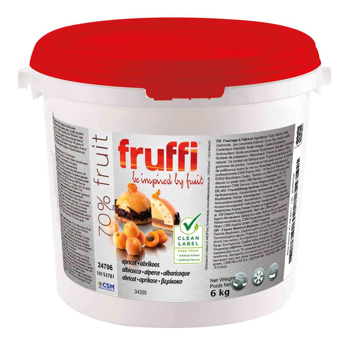 Photo du conditionnement en seau de 6 kg du fourrage aux fruits Fruffi Abricot de la marque Artisal.