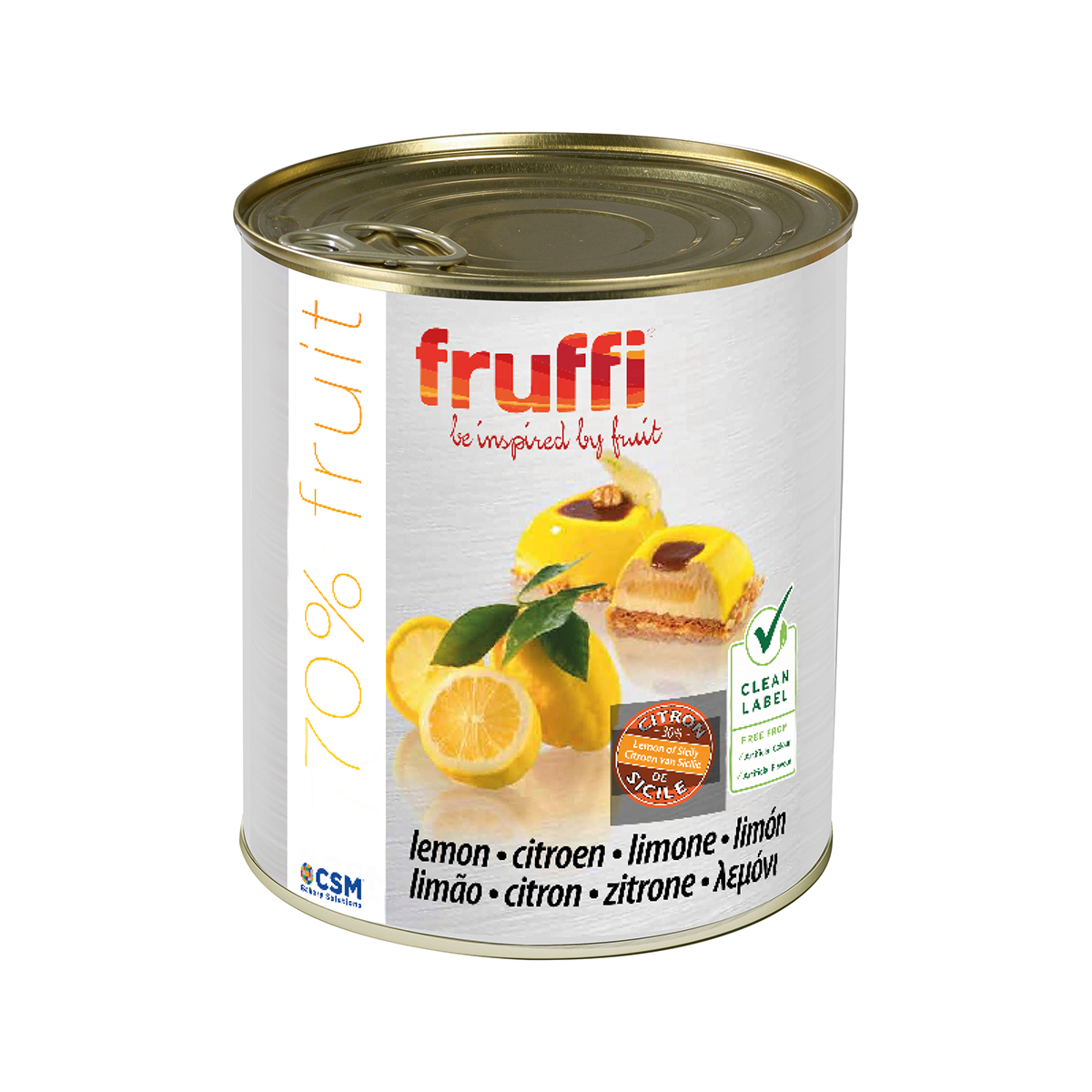 Photo du conditionnement en boîte métallique de 3,3 kg du fourrage aux fruits Fruffi Citron de la marque Artisal.