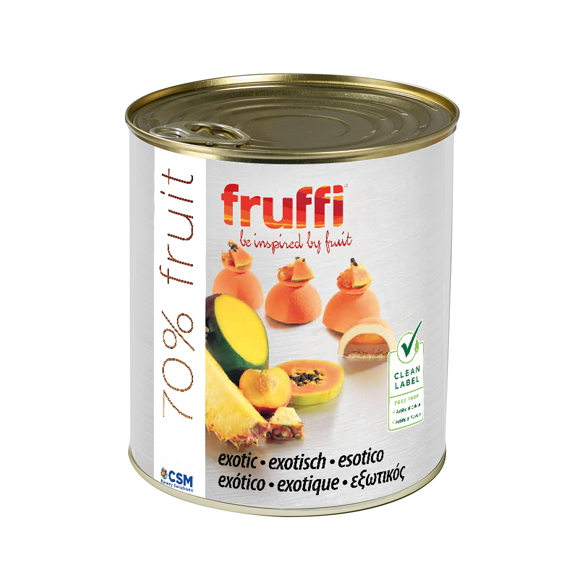 Photo du conditionnement en boîte métallique de 3,2 kg du fourrage aux fruits Fruffi Exotique de la marque Artisal.