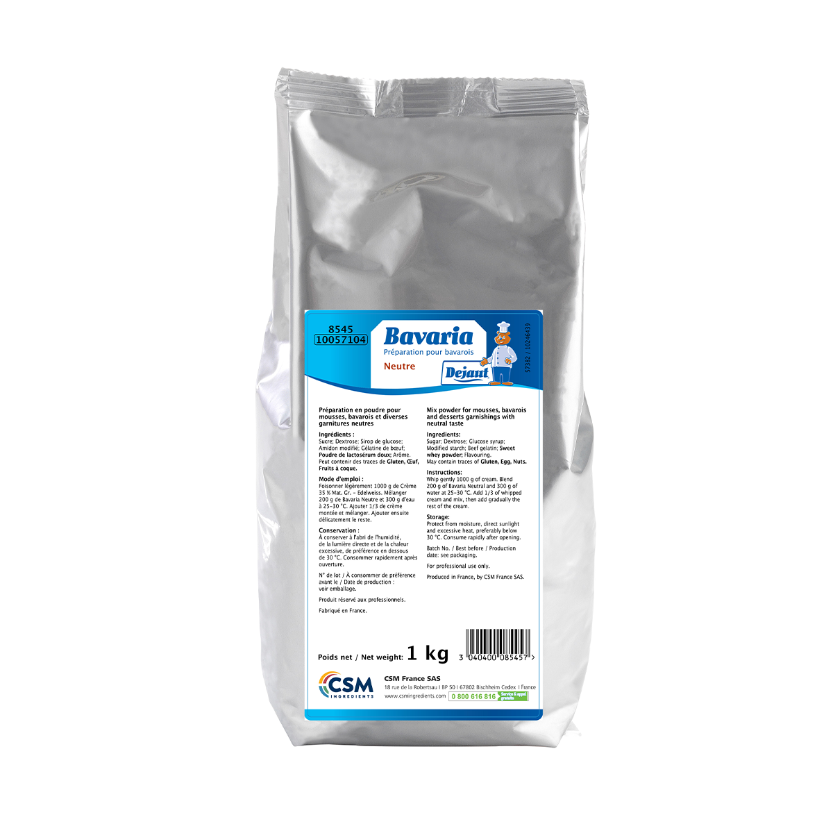 Photo d’un sachet de 1 kg de Bavaria neutre Dejaut, permettant la réalisation  de mousses, bavarois, bavaroises et gélifiés pour les pâtissiers, restaurateurs  et boulangers professionnels