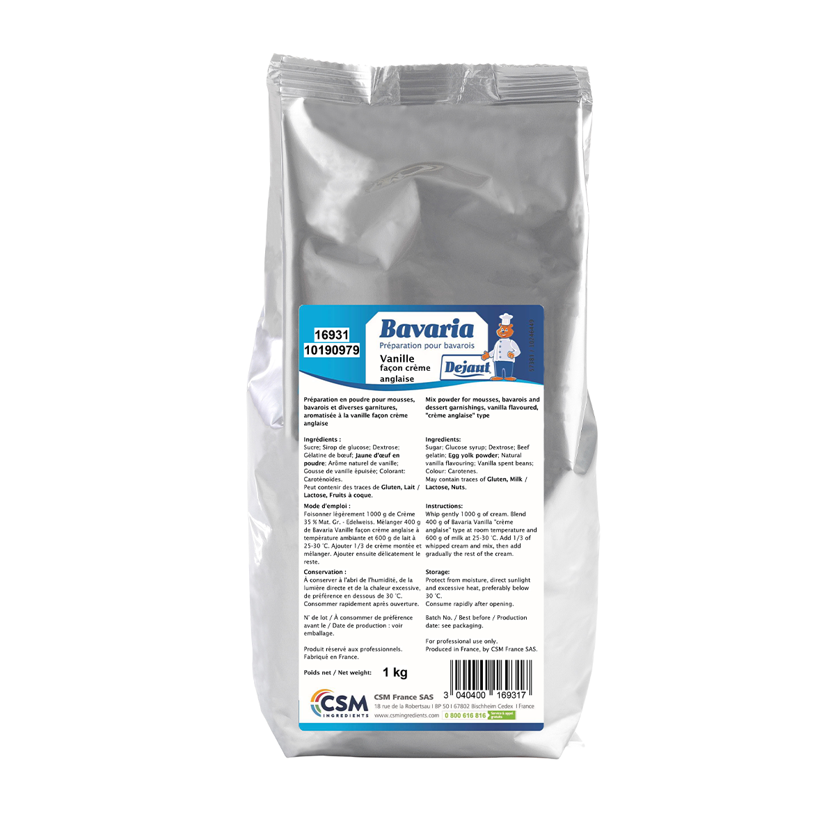 Photo d’un sachet de 1 kg de Bavaria vanille façon crème anglaise Dejaut,  permettant la réalisation de mousses, bavarois, bavaroises, entremets et  crémeux par les pâtissiers, restaurateurs et boulangers professionnels